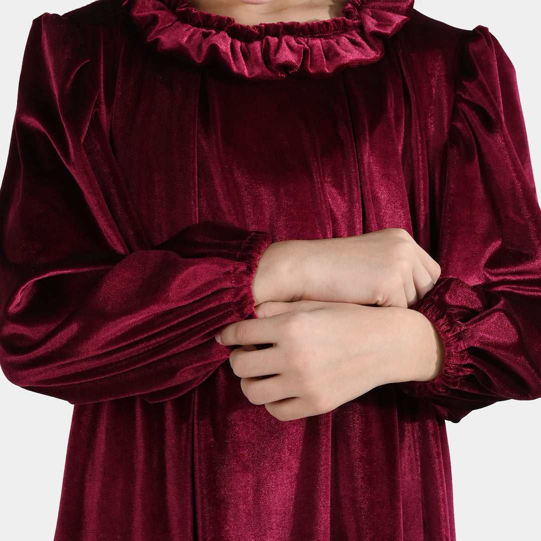 Girls Velvet Casual Frock Dream-MAROON