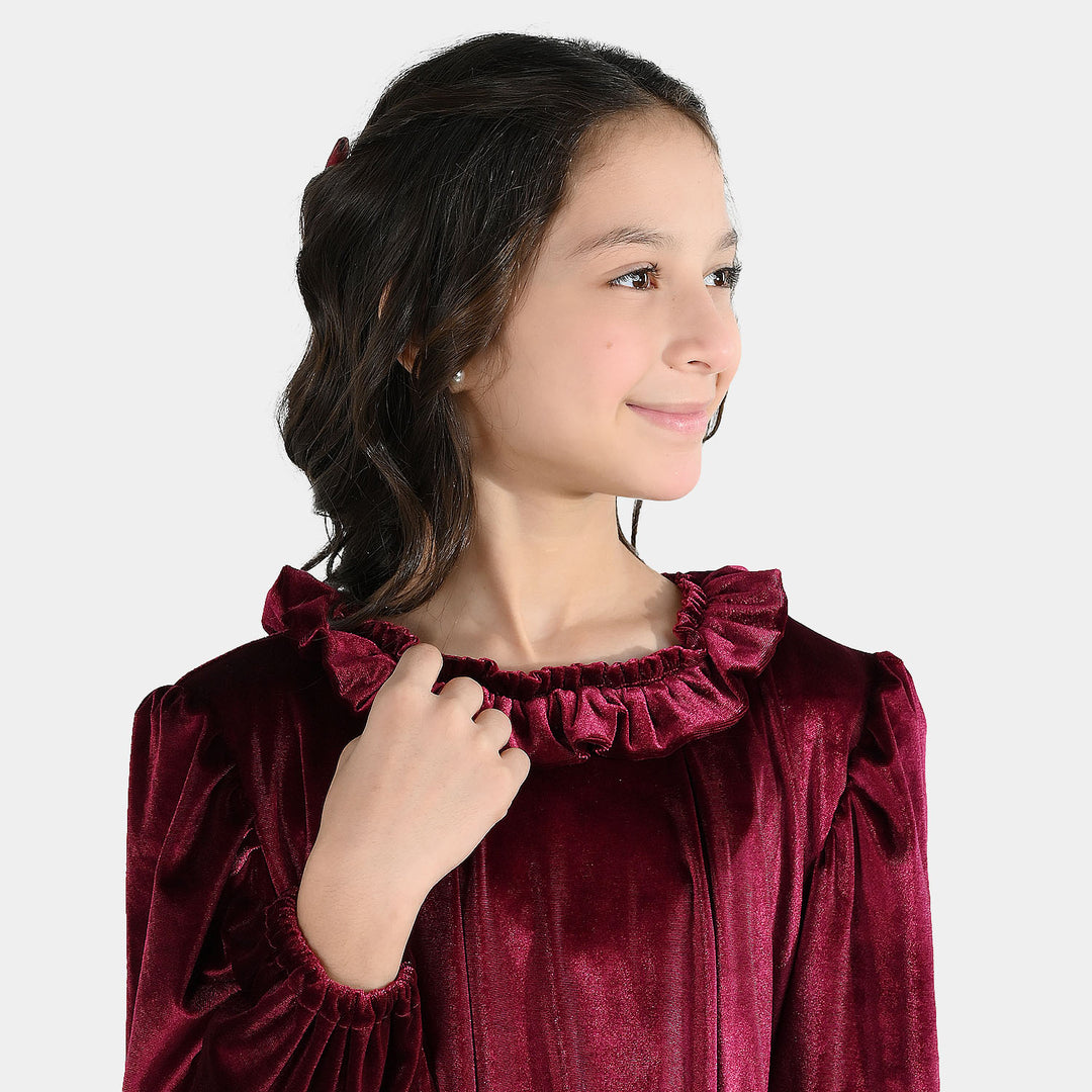 Girls Velvet Casual Frock Dream-MAROON
