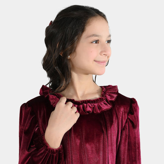 Girls Velvet Casual Frock Dream-MAROON