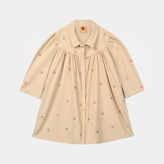 Girls Corduroy Emb Frock Vanilla - BEIGE