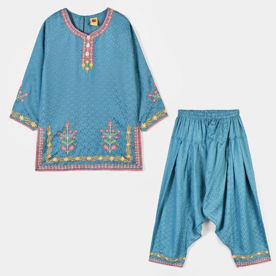 Girls Jacquard Emb 2Pcs Flower Waves-Teal