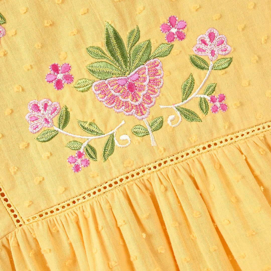 Girls Cotton Brochia Emb Top Sunny-Yellow