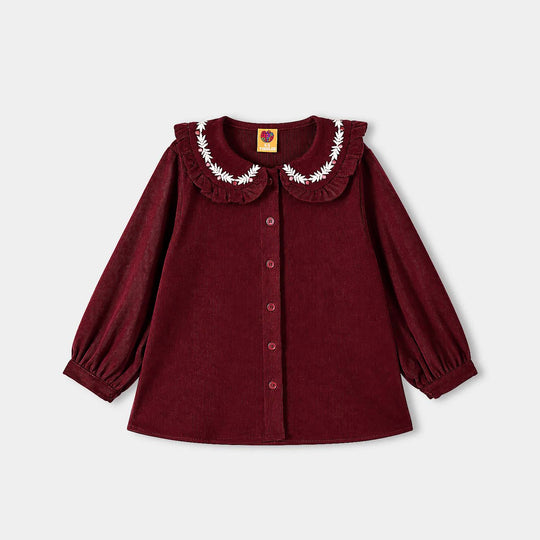 Girls Corduroy Emb Top Ruffle Collar-MAROON