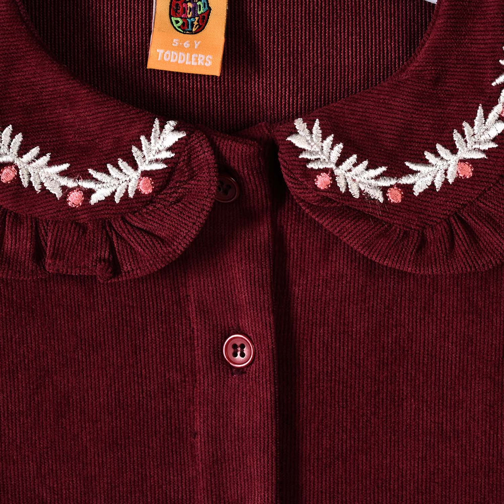 Girls Corduroy Emb Top Ruffle Collar-MAROON
