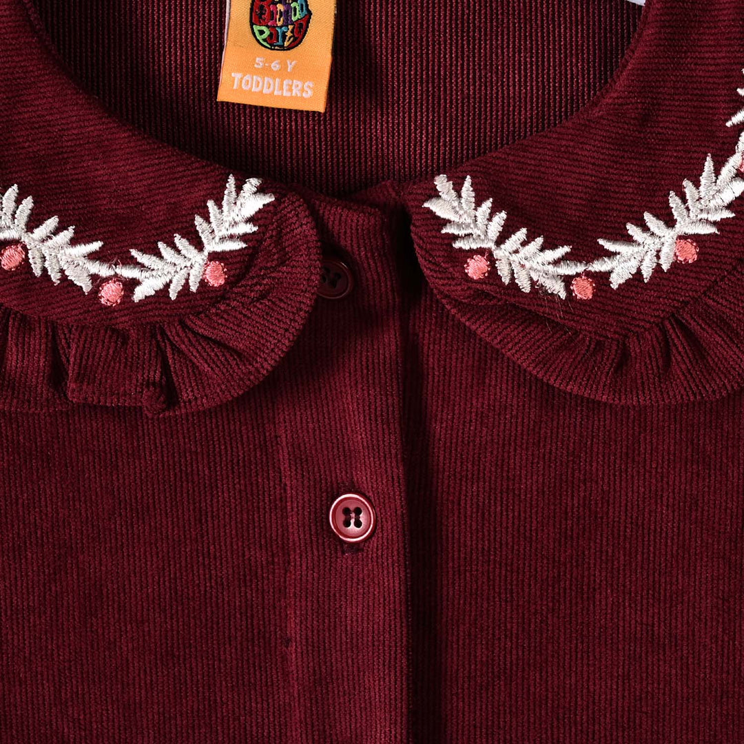 Girls Corduroy Emb Top Ruffle Collar-MAROON