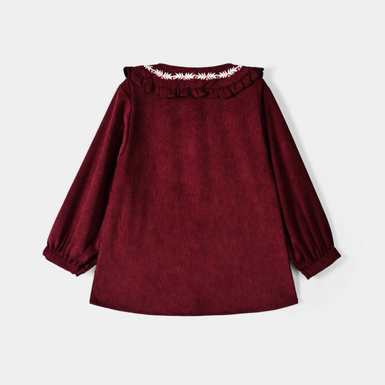 Girls Corduroy Emb Top Ruffle Collar-MAROON