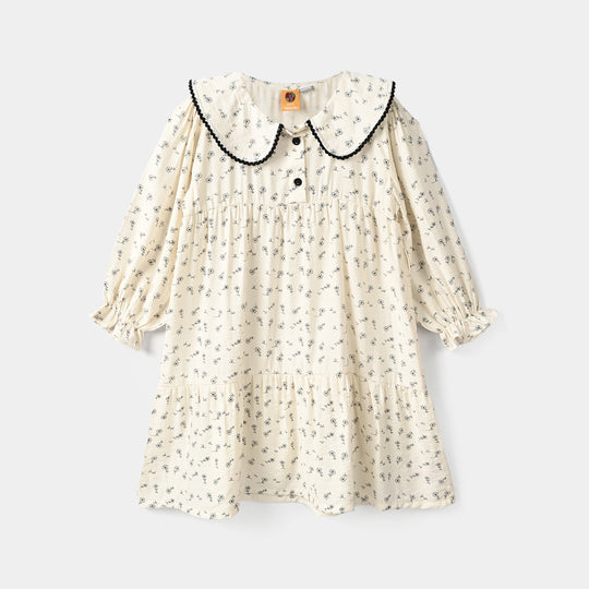 Girls Poly Viscose Casual Frock Sketch Flowers-WHITE