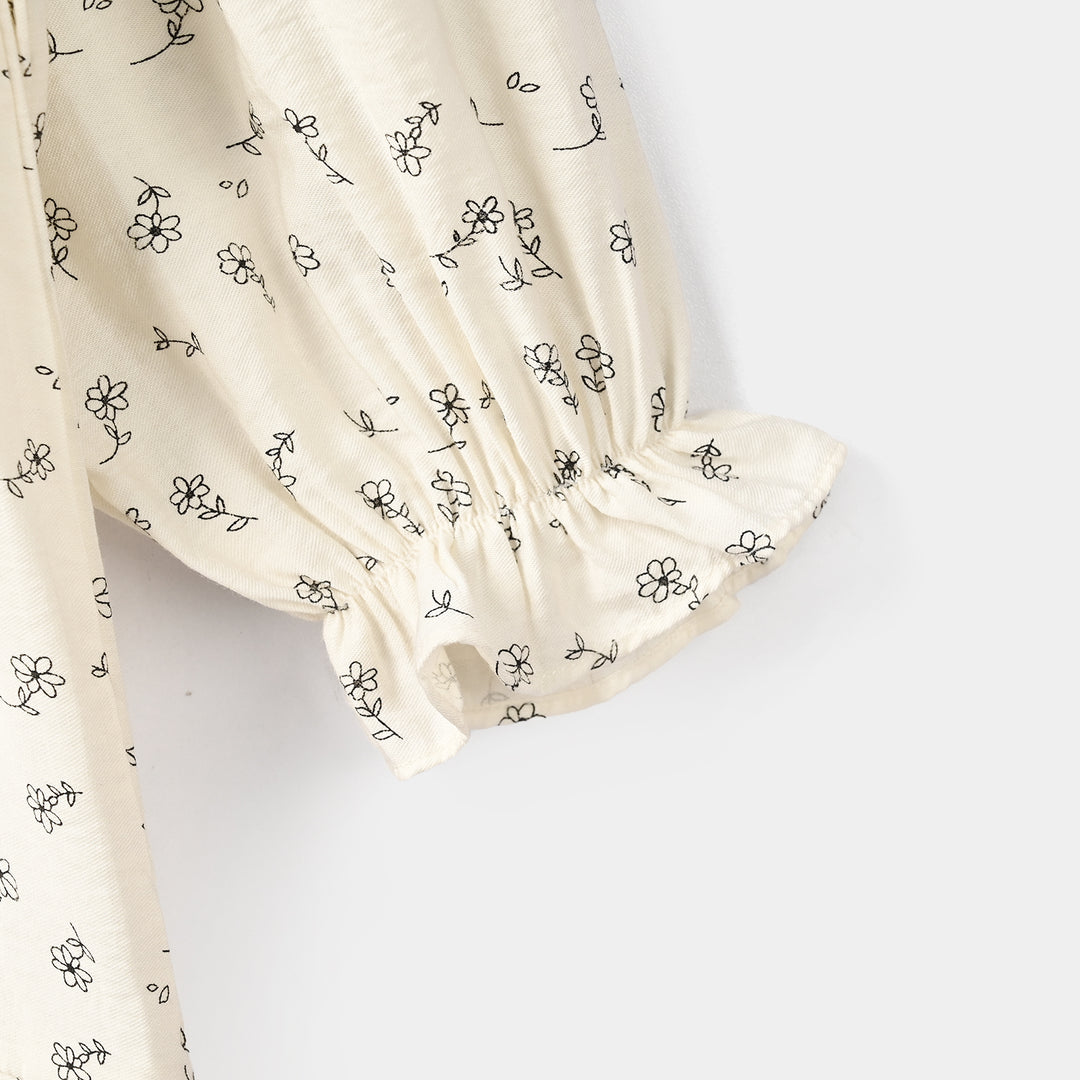 Girls Poly Viscose Casual Frock Sketch Flowers-WHITE
