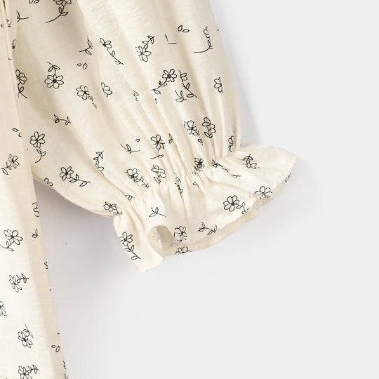 Girls Poly Viscose Casual Frock Sketch Flowers-WHITE