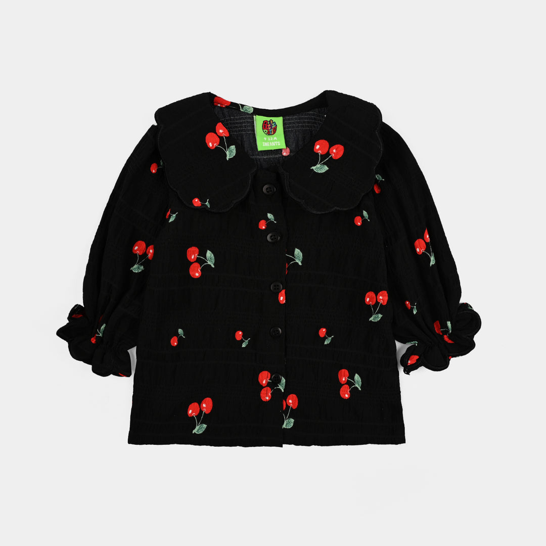 Girls Poly Crinkle Casual Top Cherry-BLACK