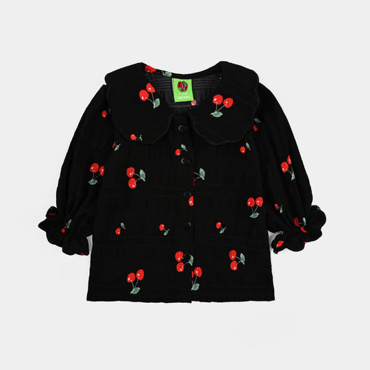 Girls Poly Crinkle Casual Top Cherry-BLACK