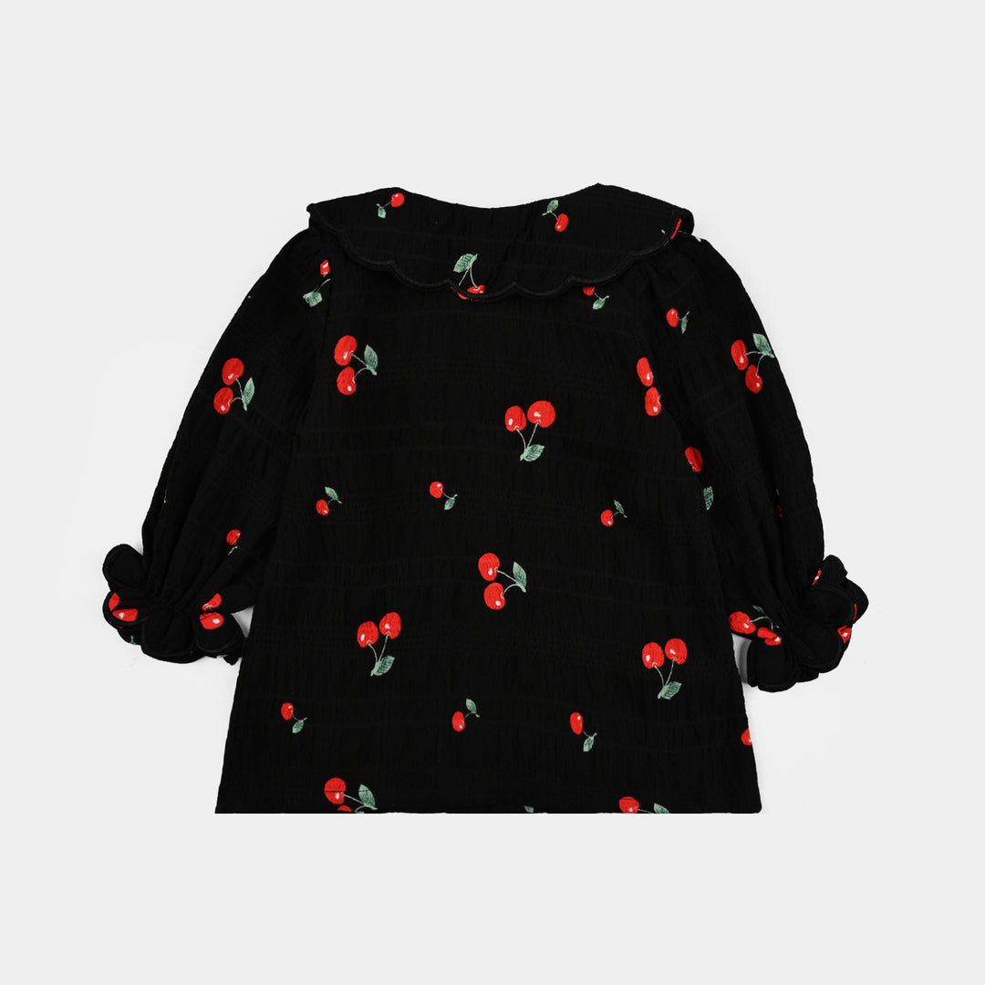 Girls Poly Crinkle Casual Top Cherry-BLACK