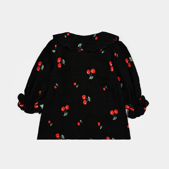 Girls Poly Crinkle Casual Top Cherry-BLACK