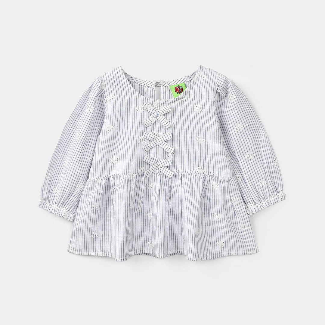 Infant Girls Poly Cotton Emb Top - Blue Stripes