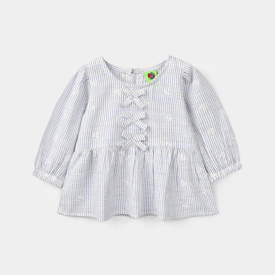 Infant Girls Poly Cotton Emb Top - Blue Stripes