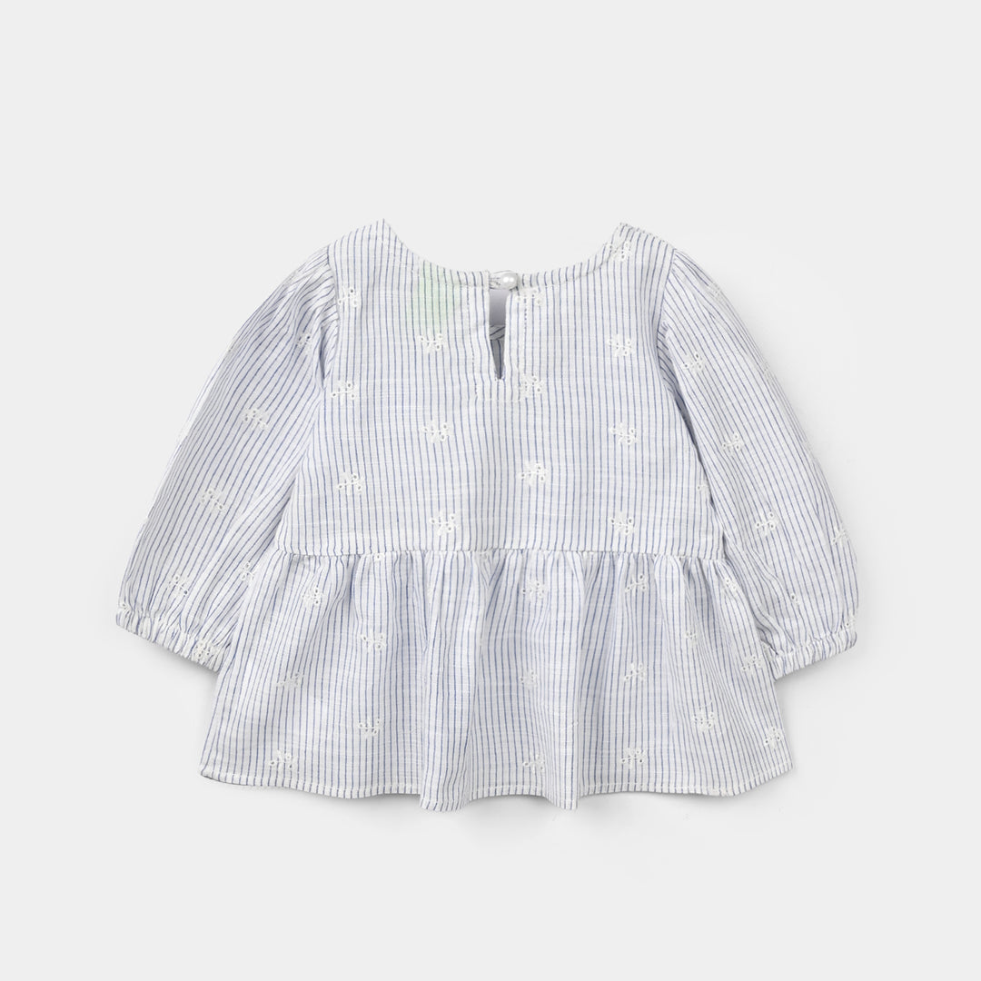 Infant Girls Poly Cotton Emb Top - Blue Stripes