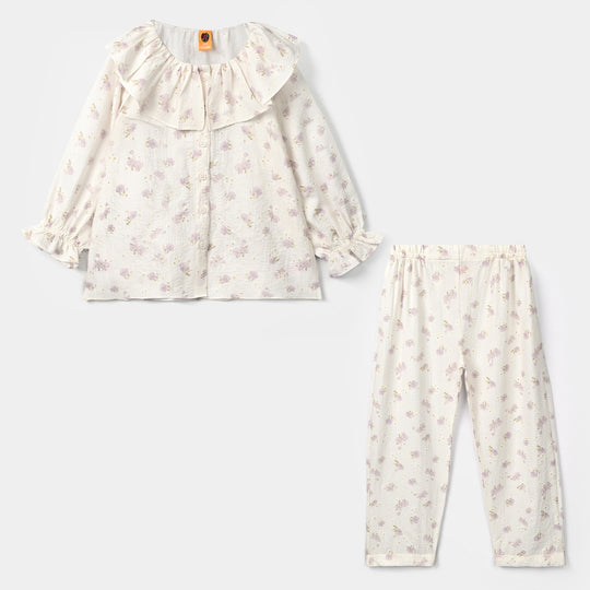 Girls Polyester Co-Ord Set Jasmine-White