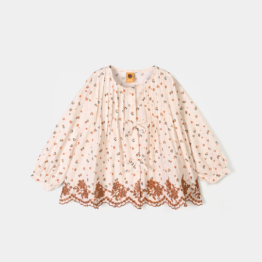 Girls Polyester Emb Top Printed Flowers-Cream