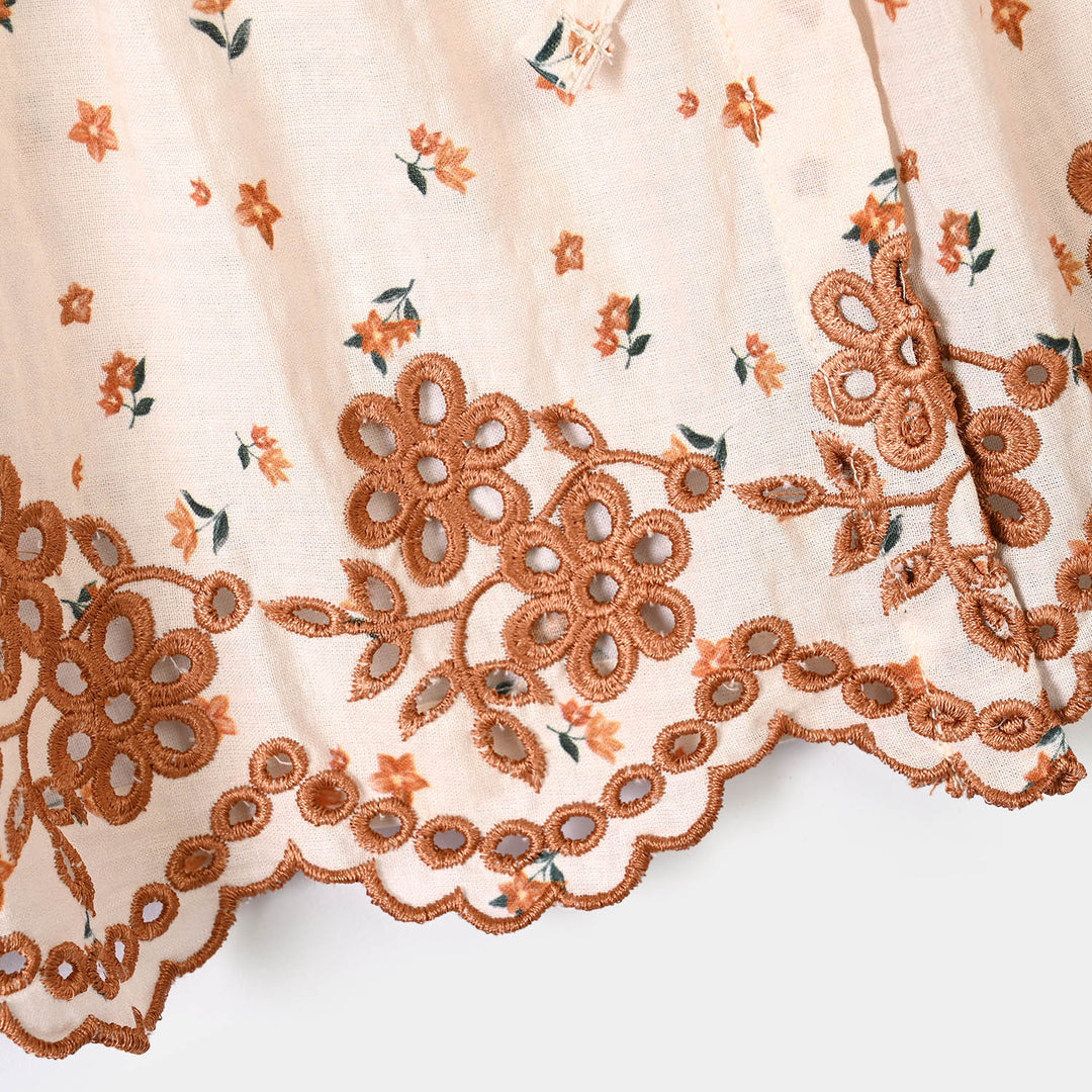 Girls Polyester Emb Top Printed Flowers-Cream
