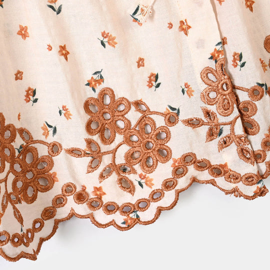 Girls Polyester Emb Top Printed Flowers-Cream