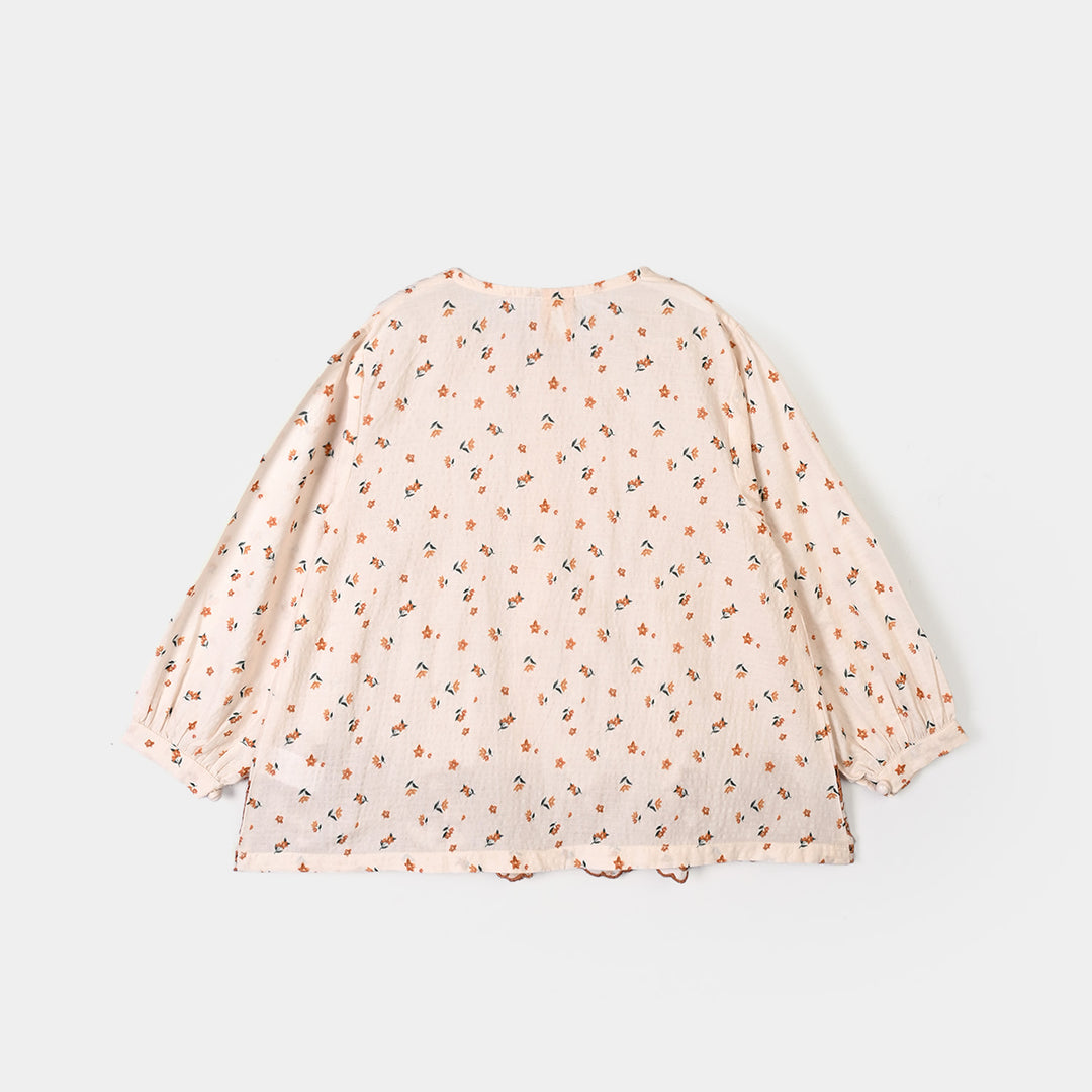Girls Polyester Emb Top Printed Flowers-Cream