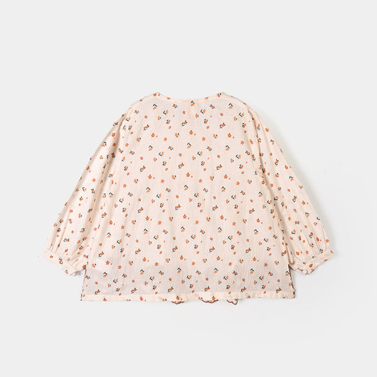 Girls Polyester Emb Top Printed Flowers-Cream