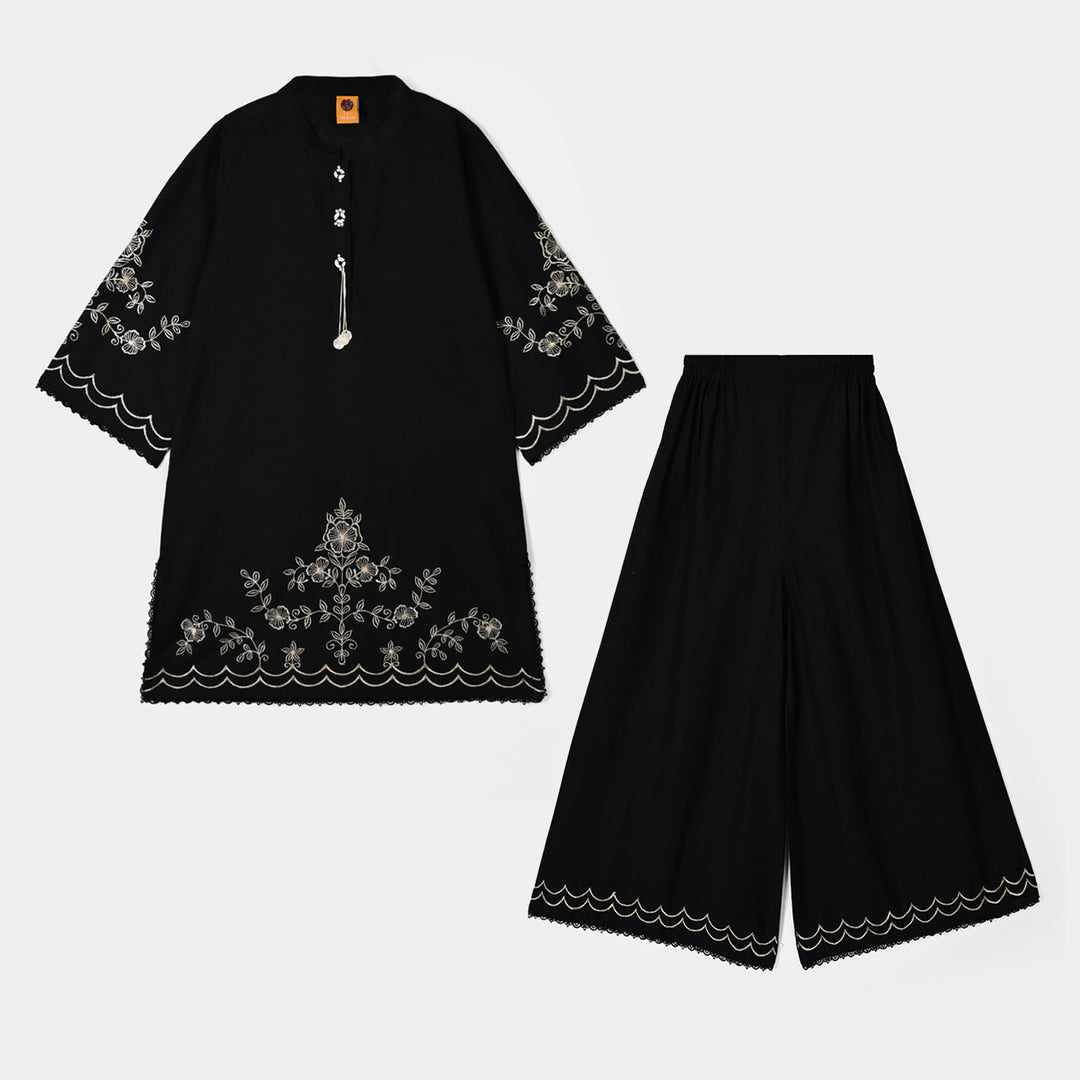 Girls Polyester Emb 2Pcs Flower Art-BLACK
