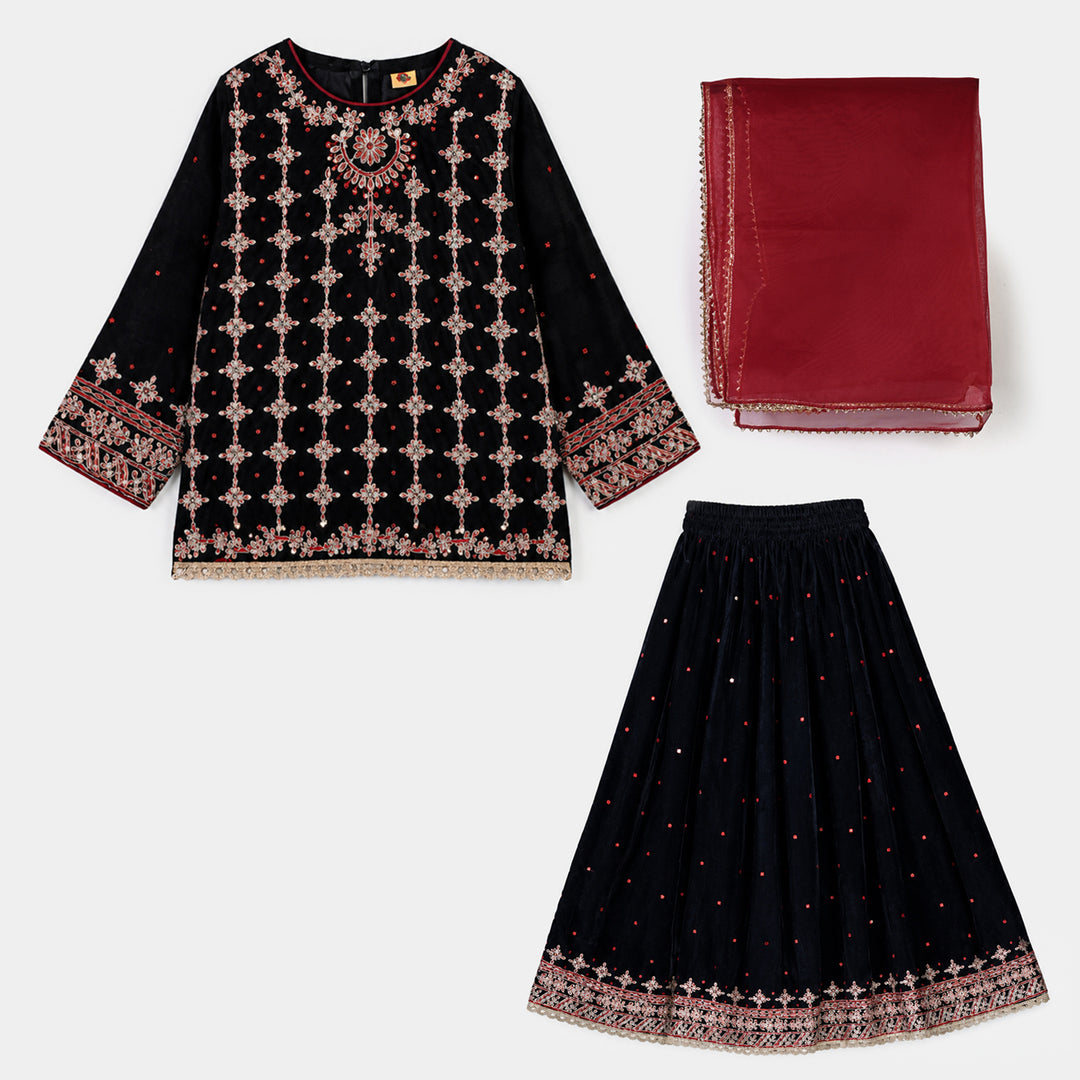 Girls Velvet 3Pcs Libaas-Navy Blue