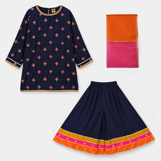 Girls Raw Silk 3Pcs Shah Noor-Navy Blue