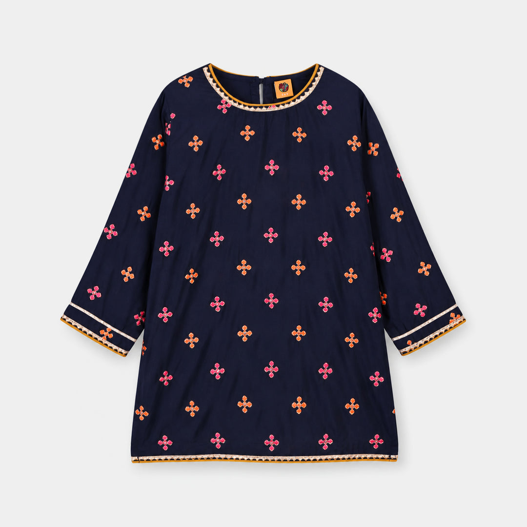 Girls Raw Silk 3Pcs Shah Noor-Navy Blue