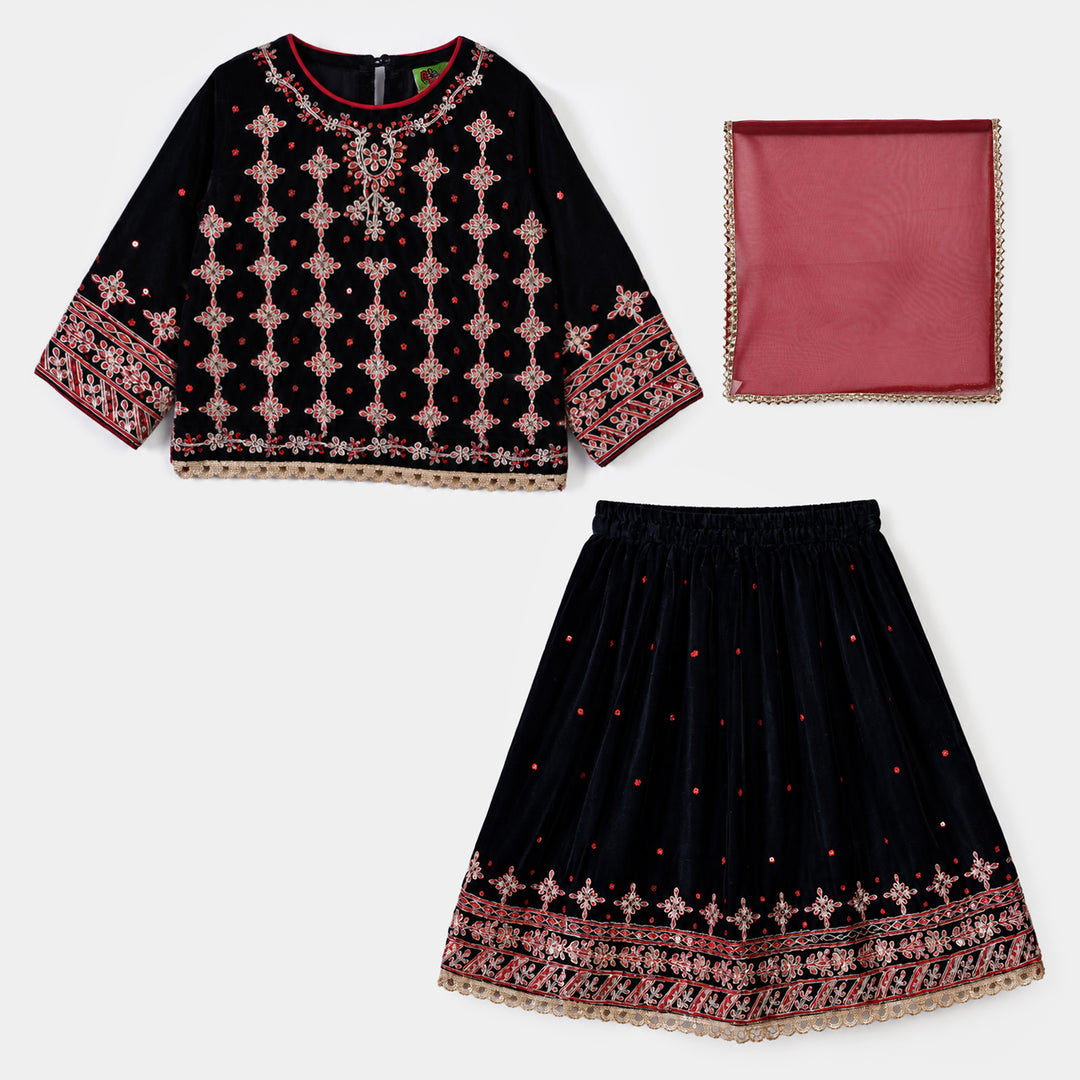 Infant Girls Velvet 3Pcs Libaas-Navy Blue