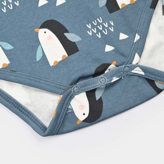 Infant Unisex Yarn Dyed Basic Romper Penguin-Blue