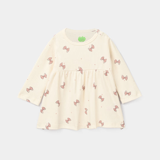 Infant Girls Rib Frock Bow Pattern-White