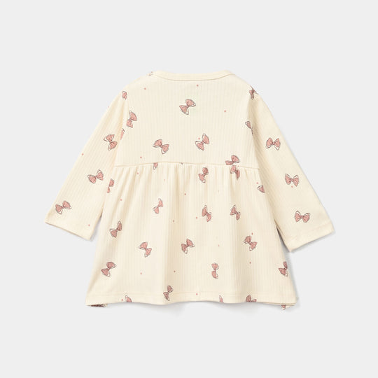 Infant Girls Rib Frock Bow Pattern-White