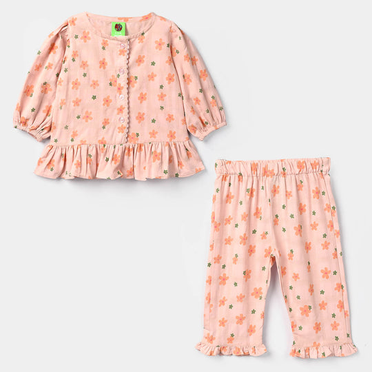 Infant Girls Cotton Jacquard 2 Pc Suit - Floral - Light Pink
