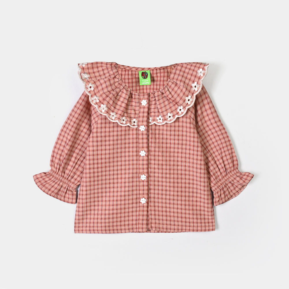 Infant Girls Yarn Dyed 2Pc Suit Checks -Peach