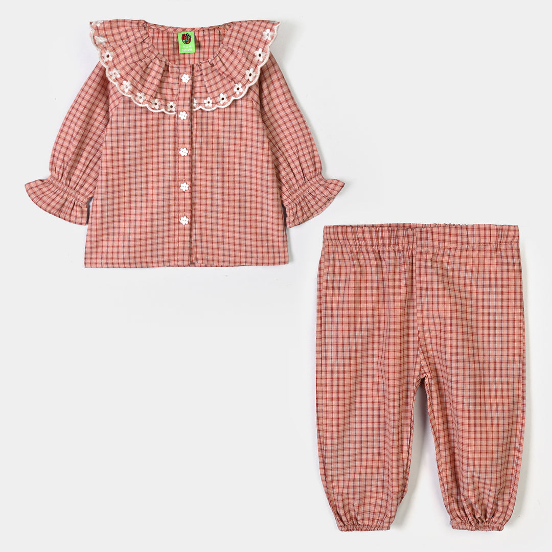 Infant Girls Yarn Dyed 2Pc Suit Checks -Peach