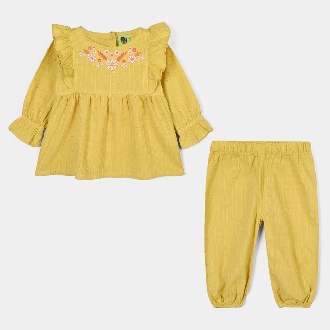 Infant Girls Cotton Jacquard 2Pc Suit-FLORA-Yellow