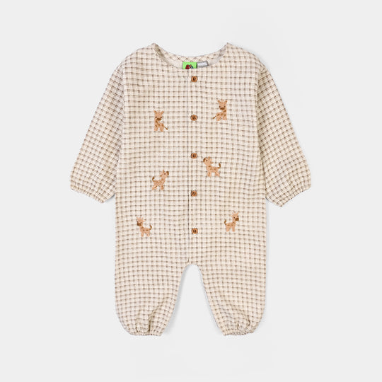 Infant Boys Cotton Woven Romper-Brown Checkered-Off.White.Brown