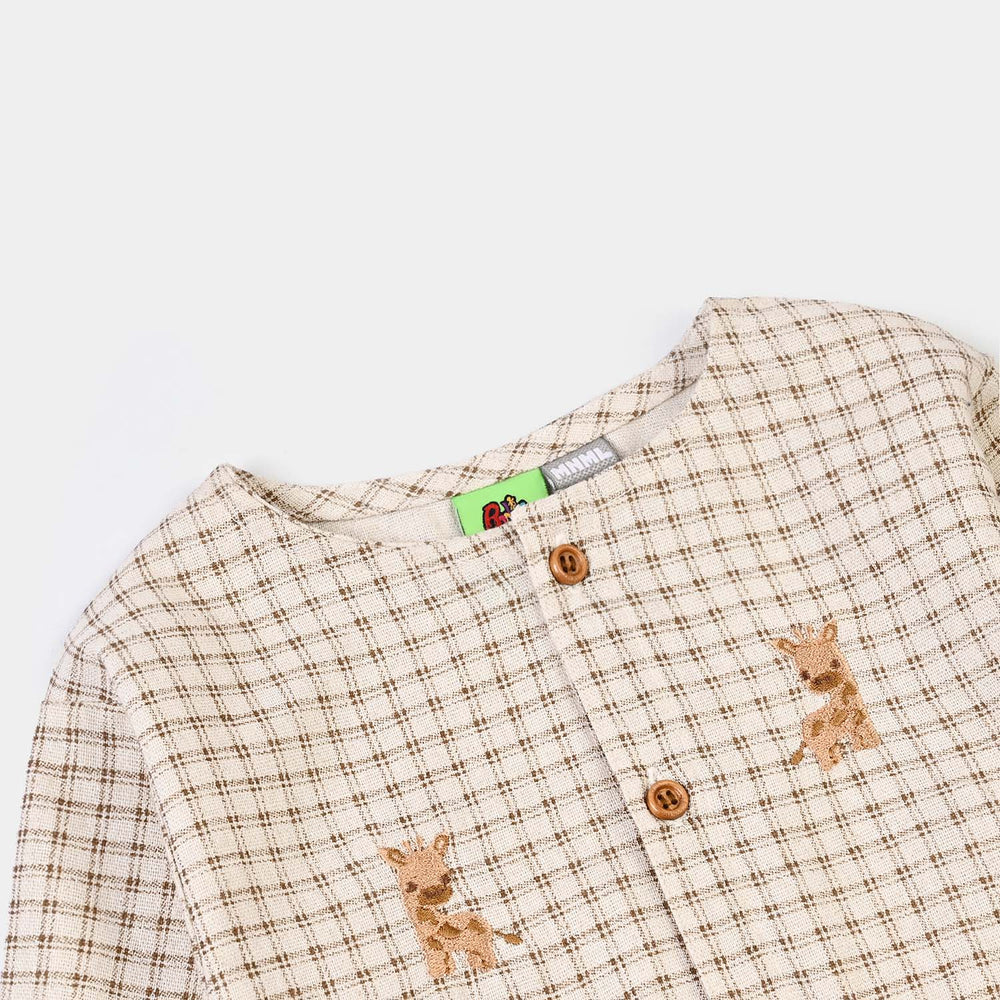 Infant Boys Cotton Woven Romper-Brown Checkered-Off.White.Brown
