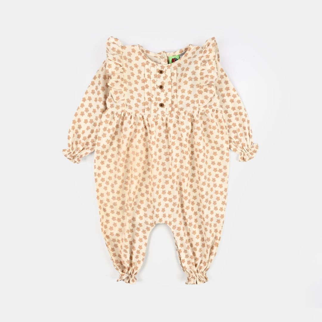 Infant Girls Cotton Jacquard Woven Romper - Beige