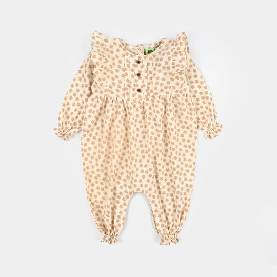 Infant Girls Cotton Jacquard Woven Romper - Beige