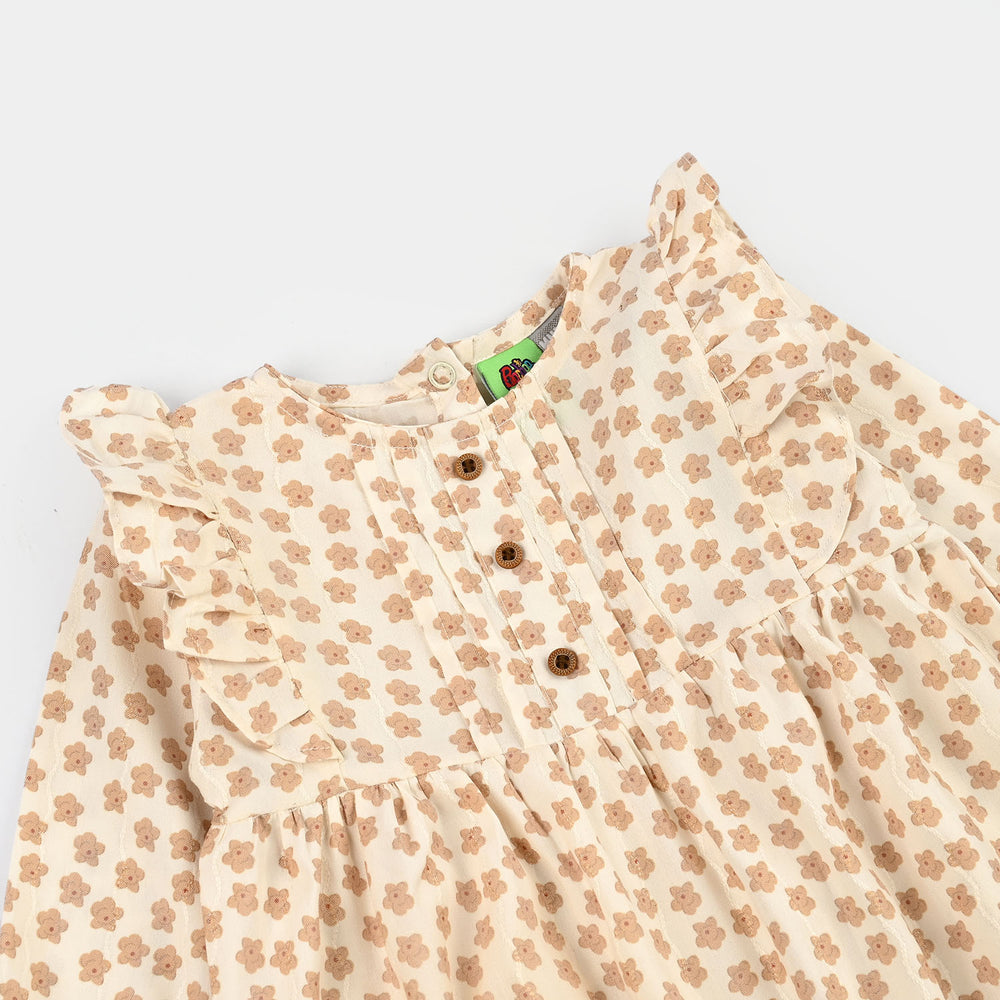 Infant Girls Cotton Jacquard Woven Romper - Beige