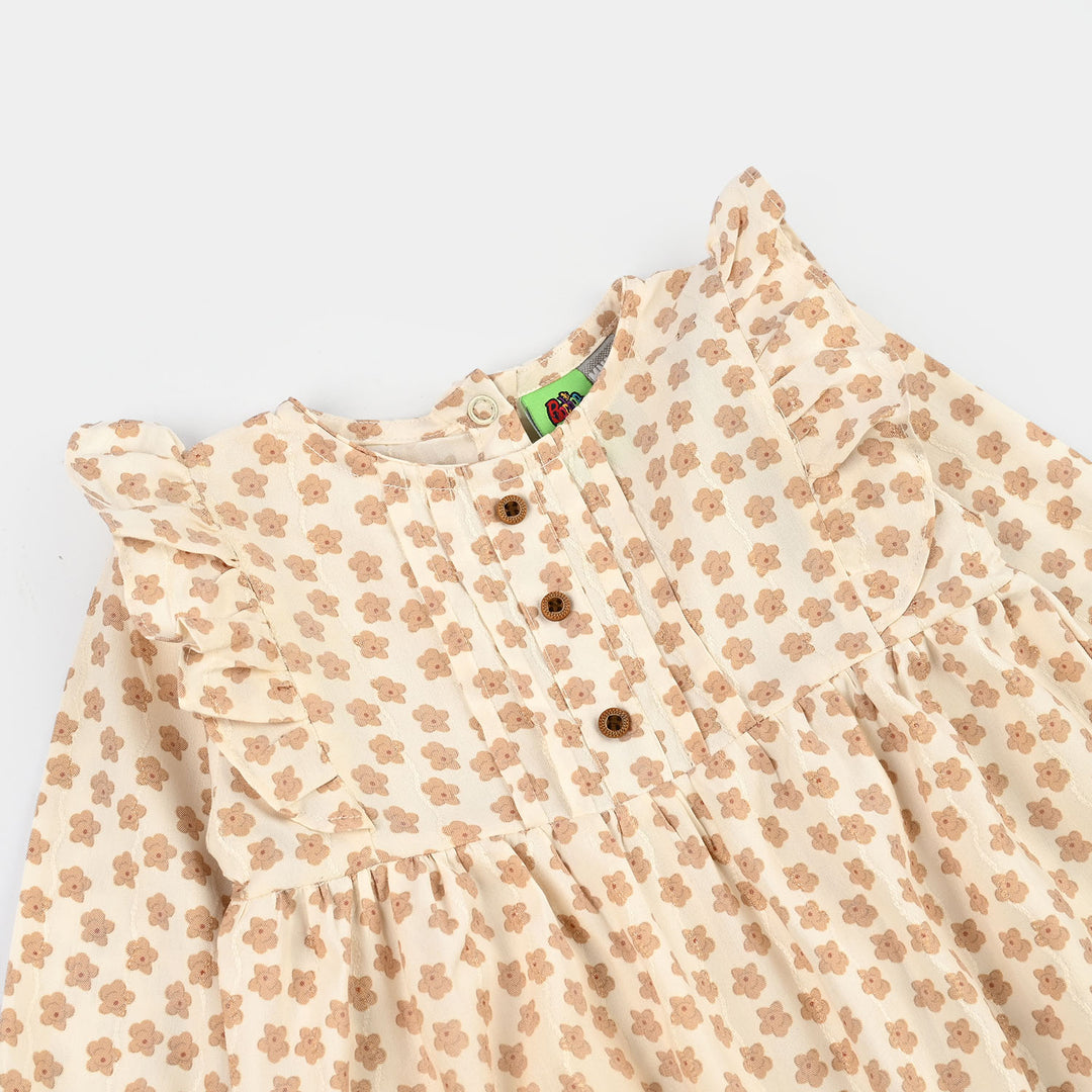 Infant Girls Cotton Jacquard Woven Romper - Beige