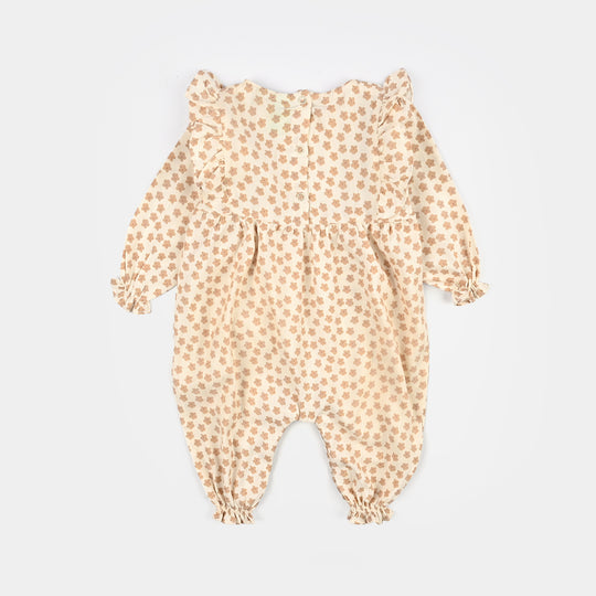 Infant Girls Cotton Jacquard Woven Romper - Beige