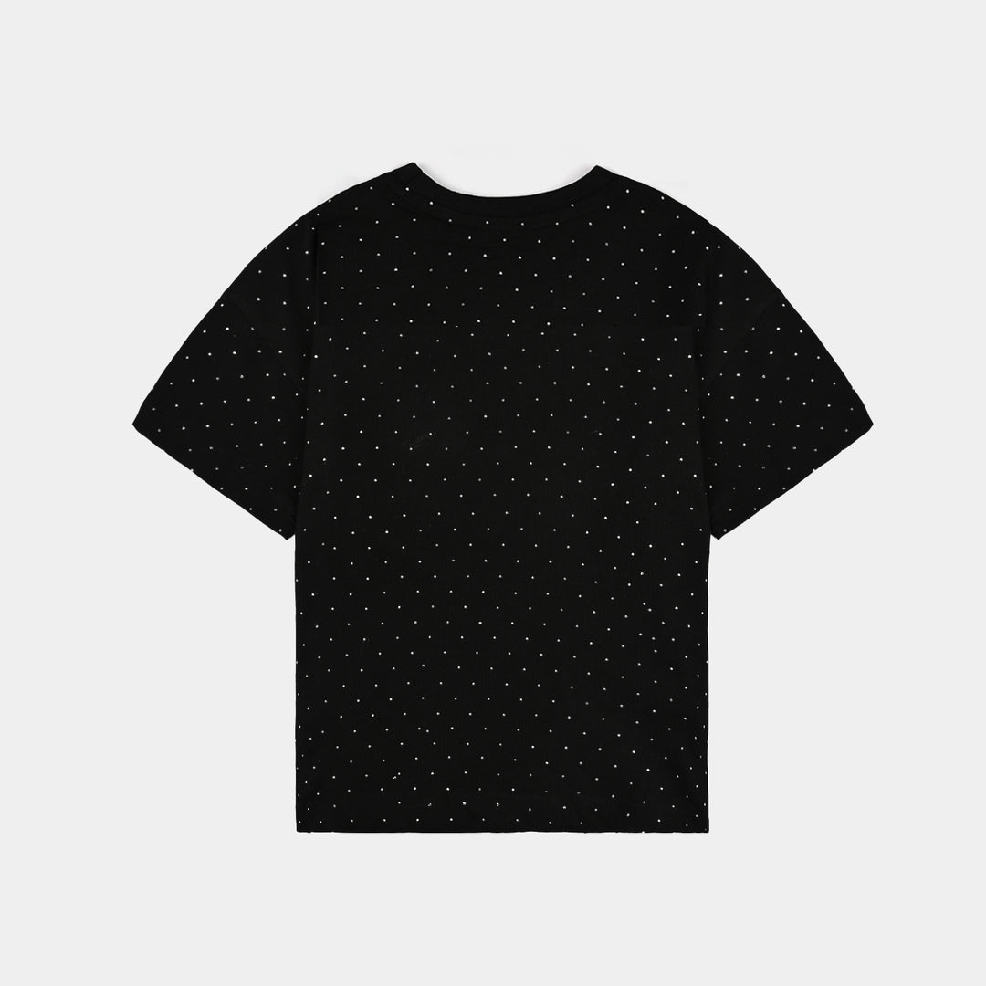 Girls Cotton Jersey T-Shirt H/S Black Silver Stud-BLACK