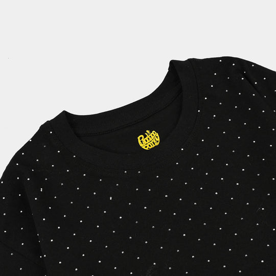Girls Cotton Jersey T-Shirt H/S Black Silver Stud-BLACK