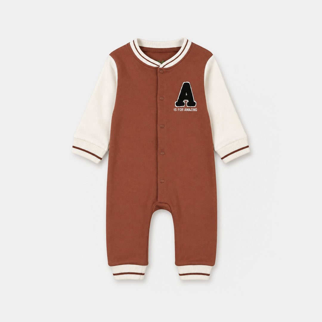 Infant Boys Cotton Interlock Knitted Romper VARSITY - Amazing-BROWN