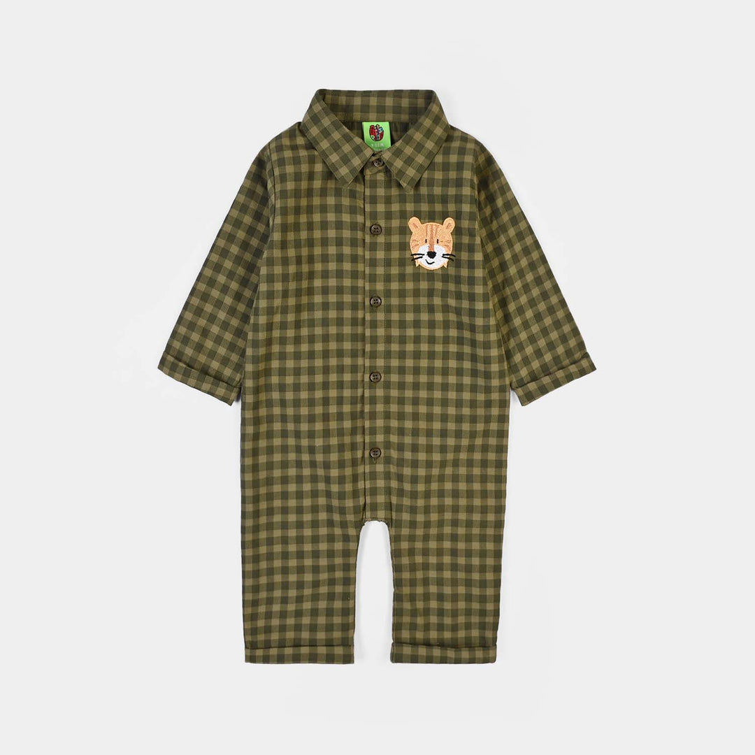 Infant Boys Yarn Dyed Woven Romper-Olive-GREEN