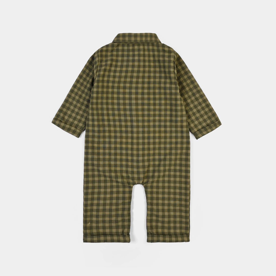Infant Boys Yarn Dyed Woven Romper-Olive-GREEN